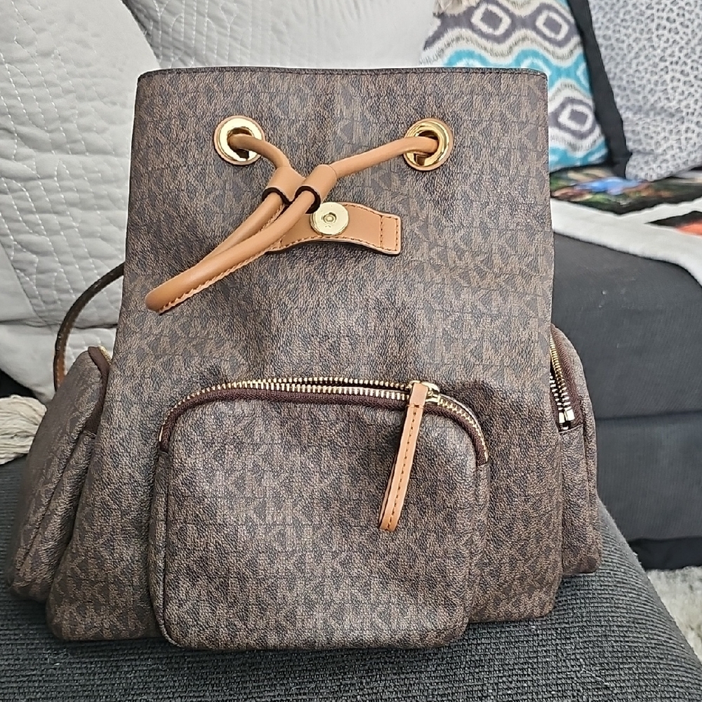 Michael Kors Signature Brown Backpack with Gold Accents